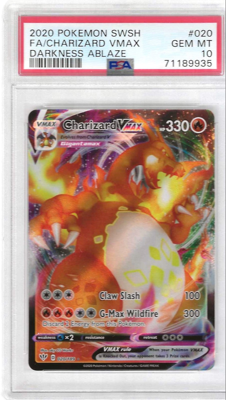 2020 Pokemon Sword&Shield Darkness Ablaze 020 Full Art/Charizard Vmax PSA 10