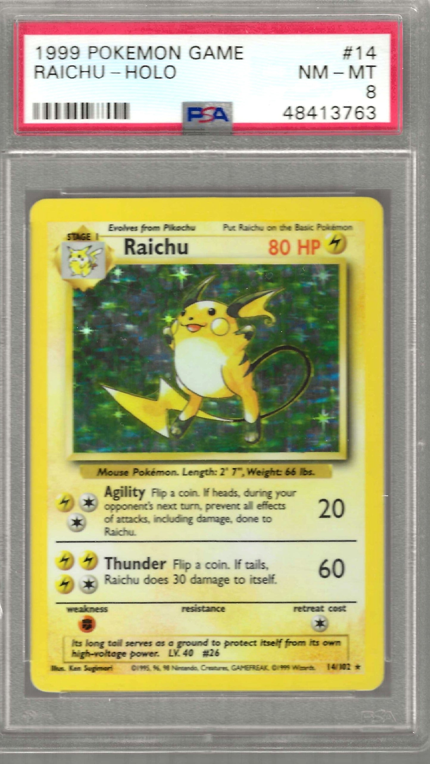 1999 POKEMON GAME #14 RAICHU-HOLO PSA 8